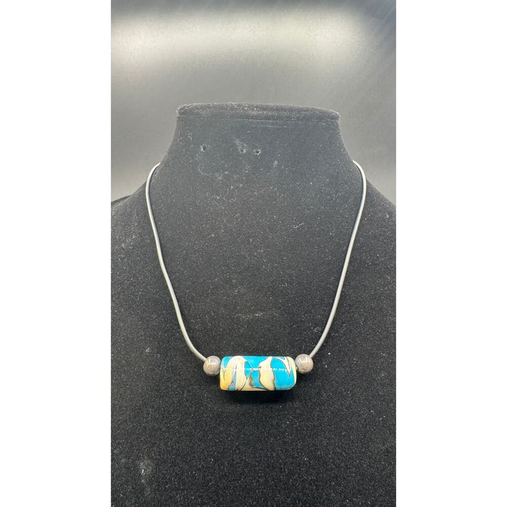 Blue and Ivory Lampwork Glass Bead Barrel Necklace